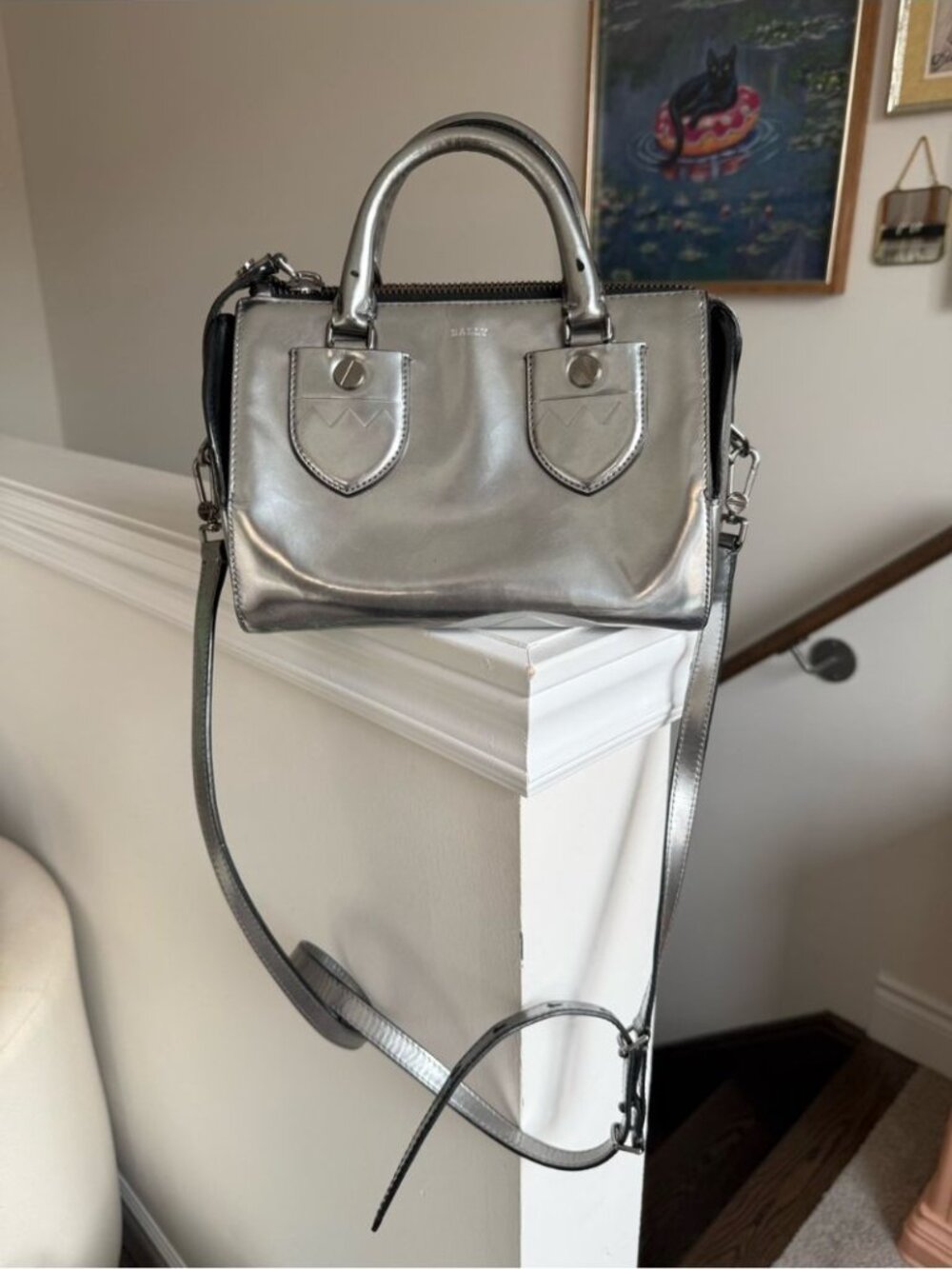 BALLY Silver Metallic Shiny Leather Top Handle Crossbody Satchel
